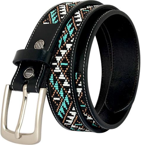 Leather Beaded Belt for Men and Women, Black, Removable Buckle, Trible Pattern, 1.3 In Wide in Saudi Arabia