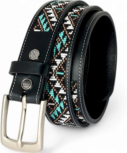 Leather Beaded Belt for Men and Women, Black, Removable Buckle, Trible Pattern, 1.3 In Wide in Saudi Arabia