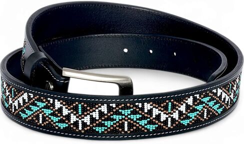 Leather Beaded Belt for Men and Women, Black, Removable Buckle, Trible Pattern, 1.3 In Wide in Saudi Arabia