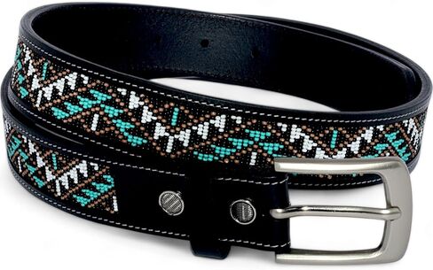 Leather Beaded Belt for Men and Women, Black, Removable Buckle, Trible Pattern, 1.3 In Wide in Saudi Arabia