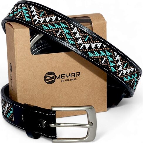 Leather Beaded Belt for Men and Women, Black, Removable Buckle, Trible Pattern, 1.3 In Wide in Saudi Arabia