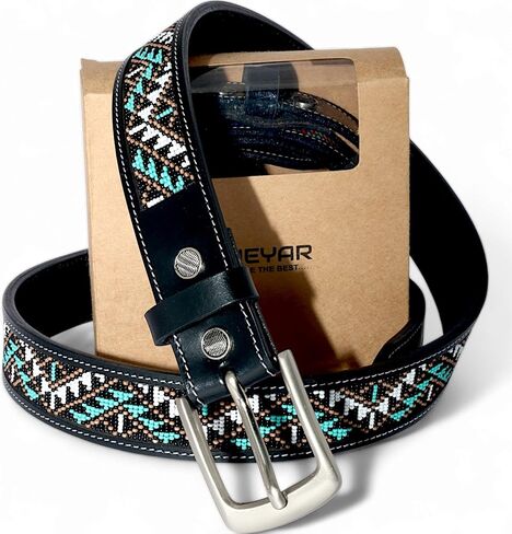 Leather Beaded Belt for Men and Women, Black, Removable Buckle, Trible Pattern, 1.3 In Wide in Saudi Arabia