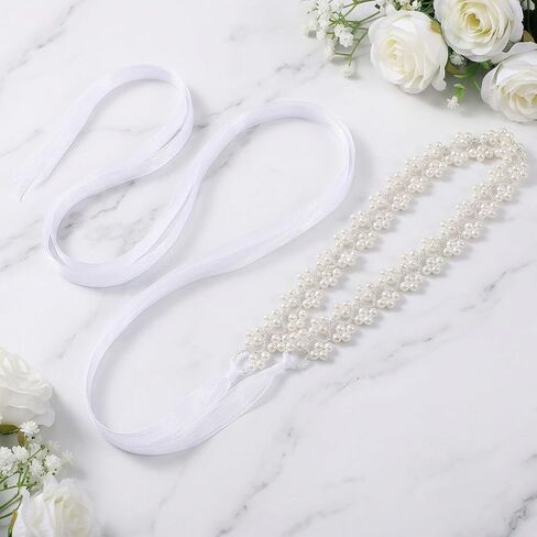 Pearl Bridal Belt - Elegant Beaded Wedding Belt, Pearl Sash for Wedding Dress (White) in Kuwait