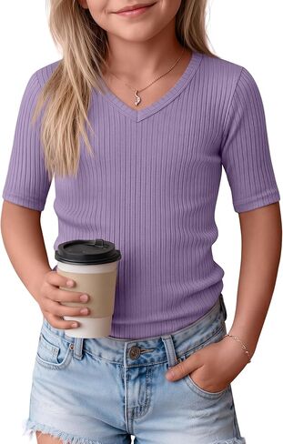 Casual Girls Short Sleeve Top Elbow Length Ribbed Knit V Neck Slim Fit Shirt Summer Basic Comfy Cute Teens Kids Tee in Saudi Arabia