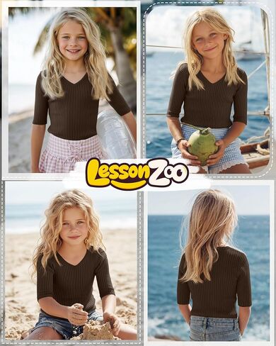 Casual Girls Short Sleeve Top Elbow Length Ribbed Knit V Neck Slim Fit Shirt Summer Basic Comfy Cute Teens Kids Tee in Saudi Arabia