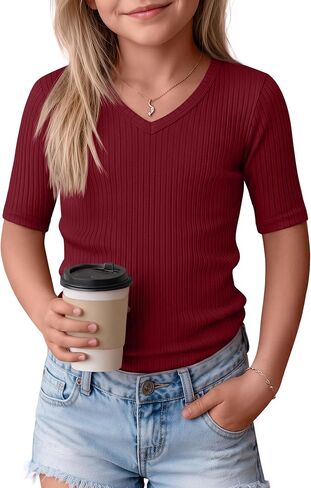 Casual Girls Short Sleeve Top Elbow Length Ribbed Knit V Neck Slim Fit Shirt Summer Basic Comfy Cute Teens Kids Tee in Saudi Arabia