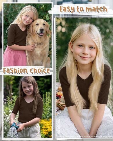Casual Girls Short Sleeve Top Elbow Length Ribbed Knit V Neck Slim Fit Shirt Summer Basic Comfy Cute Teens Kids Tee in Saudi Arabia