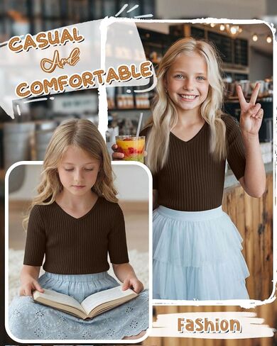 Casual Girls Short Sleeve Top Elbow Length Ribbed Knit V Neck Slim Fit Shirt Summer Basic Comfy Cute Teens Kids Tee in Saudi Arabia