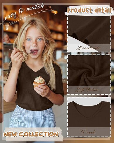 Casual Girls Short Sleeve Top Elbow Length Ribbed Knit V Neck Slim Fit Shirt Summer Basic Comfy Cute Teens Kids Tee in Saudi Arabia