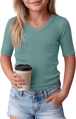 Casual Girls Short Sleeve Top Elbow Length Ribbed Knit V Neck Slim Fit Shirt Summer Basic Comfy Cute Teens Kids Tee in Saudi Arabia