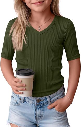 Casual Girls Short Sleeve Top Elbow Length Ribbed Knit V Neck Slim Fit Shirt Summer Basic Comfy Cute Teens Kids Tee in Saudi Arabia