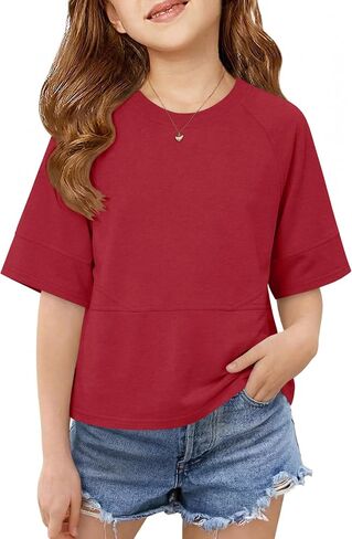 Girls Shirts Kids Raglan Short Sleeve T Shirts Summer Crewneck Oversized Crop Top Basic Tees 5-14Y in Saudi Arabia