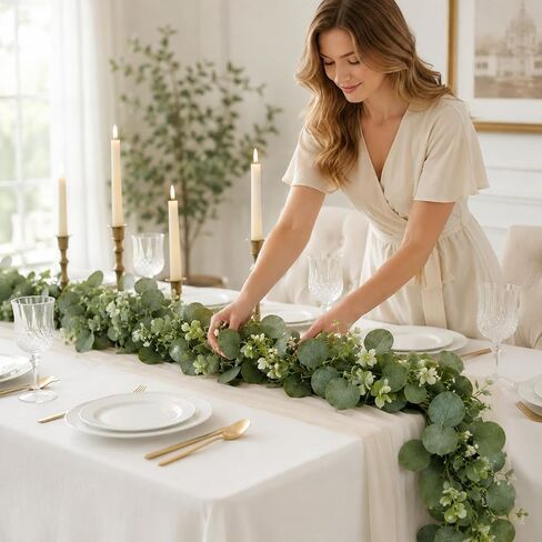 Artificial Eucalyptus Decoration Plant with White Flowers, 70.5in Faux Greenery Vine, Hanging Plants for Table Centerpiece, Wedding Arch, Mantel, Wall Decor, in Kuwait