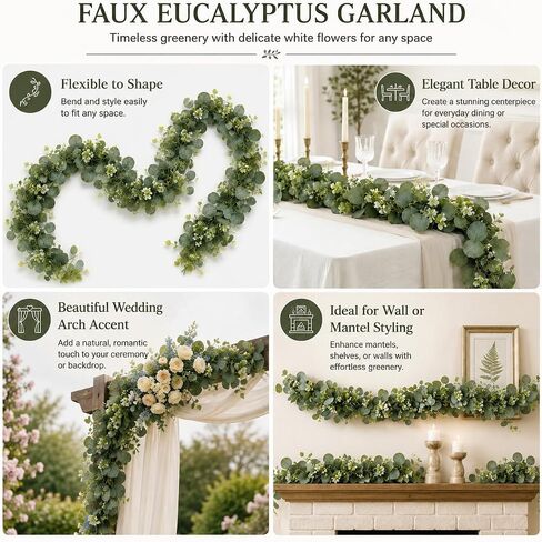 Artificial Eucalyptus Decoration Plant with White Flowers, 70.5in Faux Greenery Vine, Hanging Plants for Table Centerpiece, Wedding Arch, Mantel, Wall Decor, in Kuwait