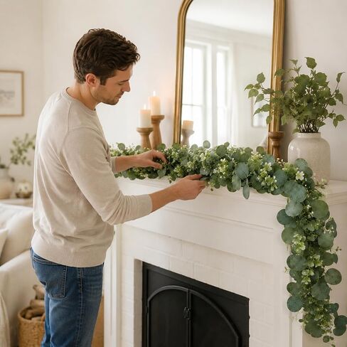 Artificial Eucalyptus Decoration Plant with White Flowers, 70.5in Faux Greenery Vine, Hanging Plants for Table Centerpiece, Wedding Arch, Mantel, Wall Decor, in Kuwait