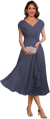 Chiffon Mother of The Bride Dress Cap Sleeves Pleated Tea Length Formal Evening Dresses for Wedding JH014 in Kuwait