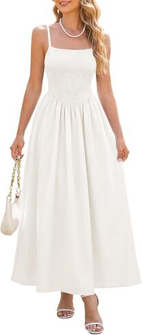 Naggoo Women's Summer Maxi Dresses Smocked Spaghetti Straps Sundress Beach A Line Flowy Long Dress with Pockets in Saudi Arabia