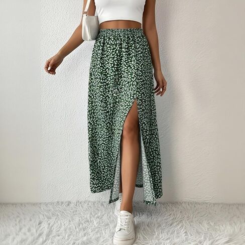 Spring/Summer Floral Print Skirt for Women Elastic Waist Split Mid-Length Skirt Home & Casual A-Line Skirt in Kuwait