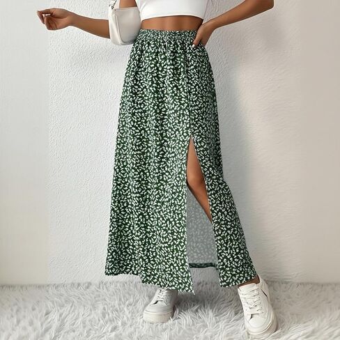 Spring/Summer Floral Print Skirt for Women Elastic Waist Split Mid-Length Skirt Home & Casual A-Line Skirt in Kuwait