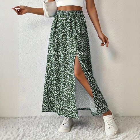 Spring/Summer Floral Print Skirt for Women Elastic Waist Split Mid-Length Skirt Home & Casual A-Line Skirt in Kuwait