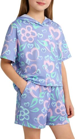 Girls Short Sets Size 12-14 Girls Summer Tops Blue Brushstroke Hearts and Flowers Print Short Sleeve Hooded Tops and Shorts with Pockets for 13-14 Years in Saudi Arabia