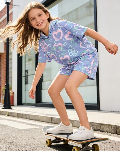Girls Short Sets Size 12-14 Girls Summer Tops Blue Brushstroke Hearts and Flowers Print Short Sleeve Hooded Tops and Shorts with Pockets for 13-14 Years in Saudi Arabia