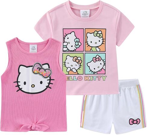 طقم تي شيرت بدون أكمام بأكمام قصيرة من Hello Kitty Sanrio Girls French Terry وشورت مكون من 3 قطع للأطفال الكبار in Kuwait