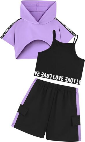 Hilinker Girls Graphic 3 Piece Outfits Summer Short Sleeve Crop Hoodie and Cami Top with Shorts Set in Kuwait