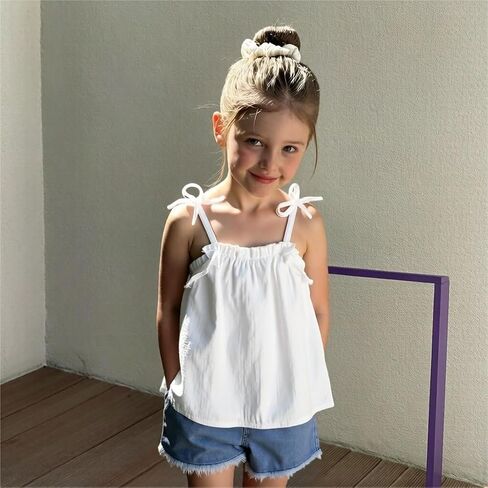 طقم صيفي للفتيات مكون من قطعتين، توب بدون أكمام بفيونكة بيضاء وشورت من الدينيم الأزرق، ملابس كاجوال مريحة لعمر 4-7 سنوات in Kuwait