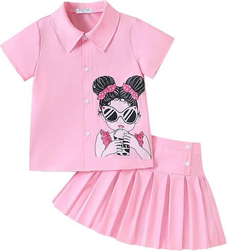 Girls Summer Outifts Cool Girl Print Short Sleeve Shirt and Pleated Skirt 2 Piece Kid Clothing Set 3-12 Years in Saudi Arabia
