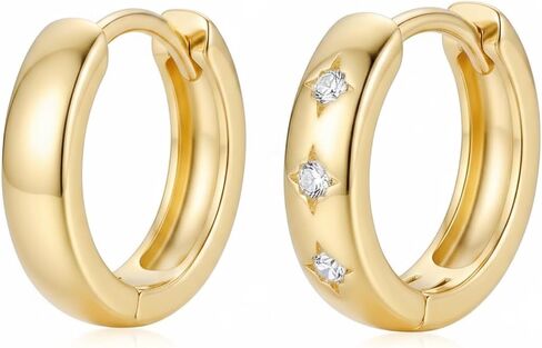 14k Gold Small Hoop Earrings for Women, Hypoallergenic Chunky 14kt Yellow Golds Huggie Hoops Earring with 3 Star-Cut Cubic Zirconia, Minimalism Bold Everyday Jewelry 3.7mm x 13mm in Saudi Arabia