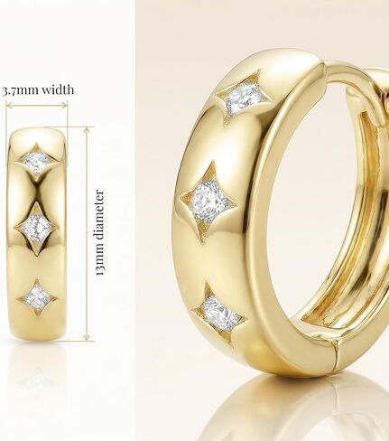 14k Gold Small Hoop Earrings for Women, Hypoallergenic Chunky 14kt Yellow Golds Huggie Hoops Earring with 3 Star-Cut Cubic Zirconia, Minimalism Bold Everyday Jewelry 3.7mm x 13mm in Saudi Arabia