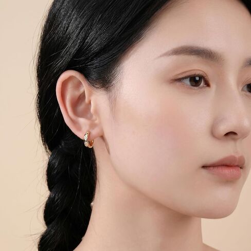 14k Gold Small Hoop Earrings for Women, Hypoallergenic Chunky 14kt Yellow Golds Huggie Hoops Earring with 3 Star-Cut Cubic Zirconia, Minimalism Bold Everyday Jewelry 3.7mm x 13mm in Saudi Arabia