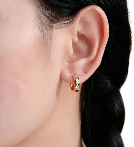 14k Gold Small Hoop Earrings for Women, Hypoallergenic Chunky 14kt Yellow Golds Huggie Hoops Earring with 3 Star-Cut Cubic Zirconia, Minimalism Bold Everyday Jewelry 3.7mm x 13mm in Saudi Arabia