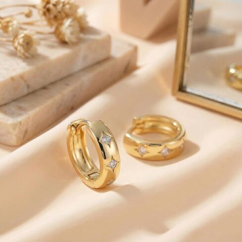 14k Gold Small Hoop Earrings for Women, Hypoallergenic Chunky 14kt Yellow Golds Huggie Hoops Earring with 3 Star-Cut Cubic Zirconia, Minimalism Bold Everyday Jewelry 3.7mm x 13mm in Saudi Arabia