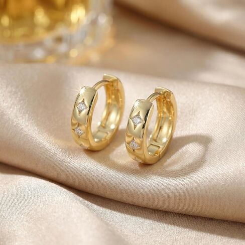 14k Gold Small Hoop Earrings for Women, Hypoallergenic Chunky 14kt Yellow Golds Huggie Hoops Earring with 3 Star-Cut Cubic Zirconia, Minimalism Bold Everyday Jewelry 3.7mm x 13mm in Saudi Arabia