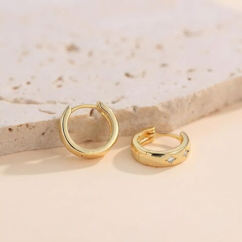 14k Gold Small Hoop Earrings for Women, Hypoallergenic Chunky 14kt Yellow Golds Huggie Hoops Earring with 3 Star-Cut Cubic Zirconia, Minimalism Bold Everyday Jewelry 3.7mm x 13mm in Saudi Arabia