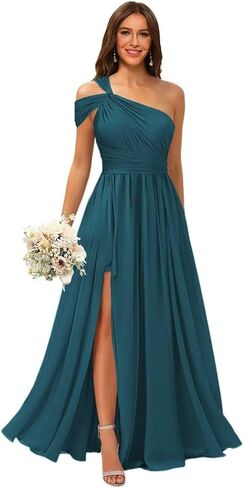 Chiffon Bridesmaid Dresses for Women with Slit Ruched One Shoulder A Line Long Formal Prom Dress YY014 in Saudi Arabia