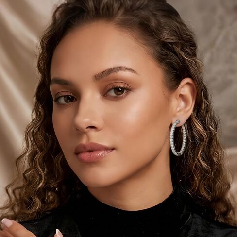 Inside-Out Paved CZ Hoop Earrings in White Gold Plated, Classic Sparkly Silver Hoop Earrings for Women amd Party, Daily Wear in Saudi Arabia