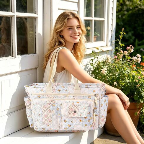 Large Floral Quilted Tote Bag with Zipper Gifts for Women Teacher Nurse, Women's Crossbody Bag with Pockets for College Work Travel Gym, Handbags with Compartments Birthday Gifts for Daughter Mom Wife in Saudi Arabia