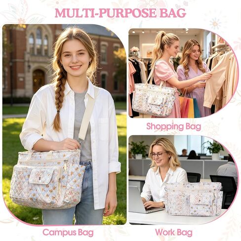 Large Floral Quilted Tote Bag with Zipper Gifts for Women Teacher Nurse, Women's Crossbody Bag with Pockets for College Work Travel Gym, Handbags with Compartments Birthday Gifts for Daughter Mom Wife in Saudi Arabia