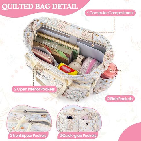 Large Floral Quilted Tote Bag with Zipper Gifts for Women Teacher Nurse, Women's Crossbody Bag with Pockets for College Work Travel Gym, Handbags with Compartments Birthday Gifts for Daughter Mom Wife in Saudi Arabia
