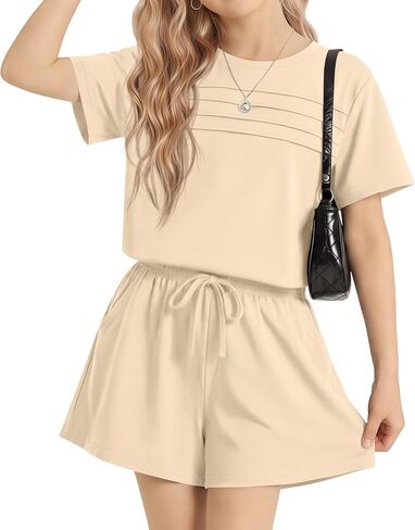 Halfchet Girls' Matching Sets 5-14Y 2 Piece Summer Outfit Kids Short Sleeve Top Tween Shorts with Pockets Casual Cute Clothes in Kuwait