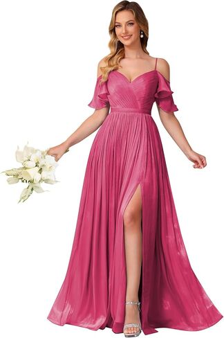 Shimmer Chiffon Bridesmaid Dresses Long Slit Off Shoulder Flutter Sleeve Pleated Formal Evening Gown with Pockets in Saudi Arabia