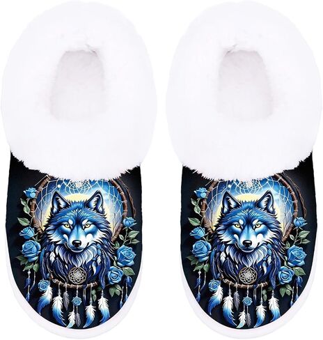 Wolf Slippers for Women, Fuzzy Animal Memory Foam Slip-On Slippers with Non-Slip Rubber Sole, All-Season Winter Warm Soft Fabric Indoor/Outdoor House Shoes, Machine Washable in Saudi Arabia