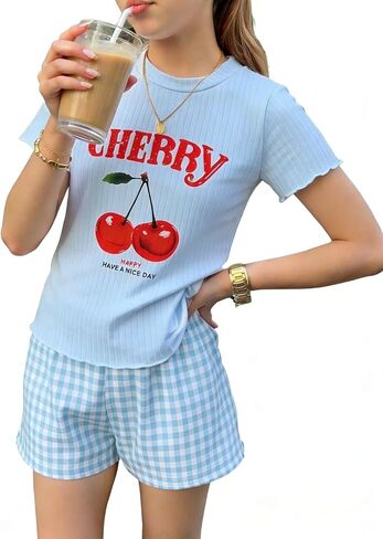 Tween Girls 2 Piece Outfits 7-14 Years - Short Sleeve Cherry Print Top & Plaid Shorts Summer Clothing Set in Saudi Arabia