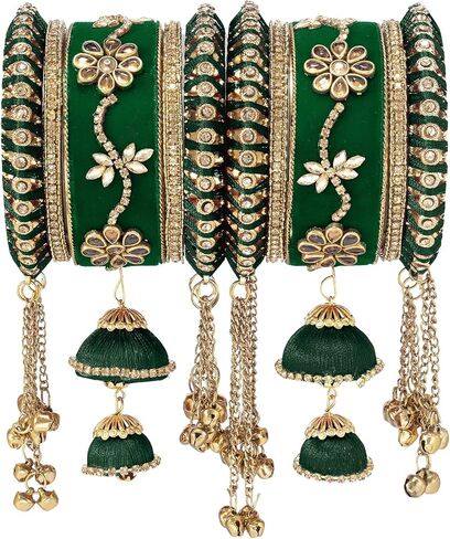 Aheli Indian Wedding Wear Beautiful Handmade Faux Stone Studded Bangle Set Chuda with Jhumki Tassel Hanging Bollywood Ethnic Fashion Jewelry Gift for Women in Kuwait