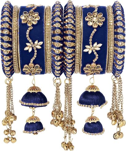 Aheli Indian Wedding Wear Beautiful Handmade Faux Stone Studded Bangle Set Chuda with Jhumki Tassel Hanging Bollywood Ethnic Fashion Jewelry Gift for Women in Kuwait