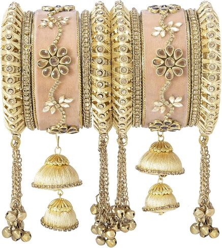 Aheli Indian Wedding Wear Beautiful Handmade Faux Stone Studded Bangle Set Chuda with Jhumki Tassel Hanging Bollywood Ethnic Fashion Jewelry Gift for Women in Kuwait