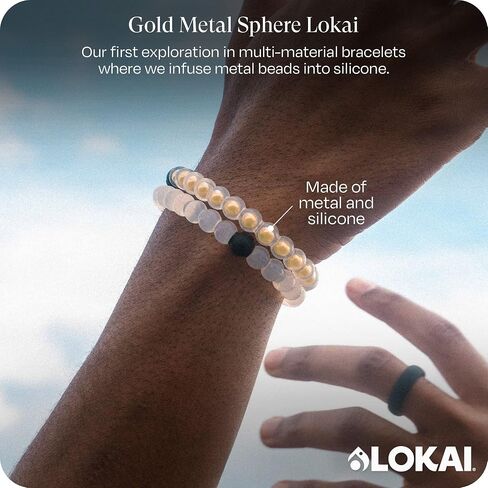 Lokai Metal & Silicone Beaded Bracelets for Women & Men, Metal Sphere (Gold, Large) - Stylish Jewelry Fashion Bead Bracelet with Black & White Beads - Ring Bangle Slide-On Style Over Wrist in Saudi Arabia